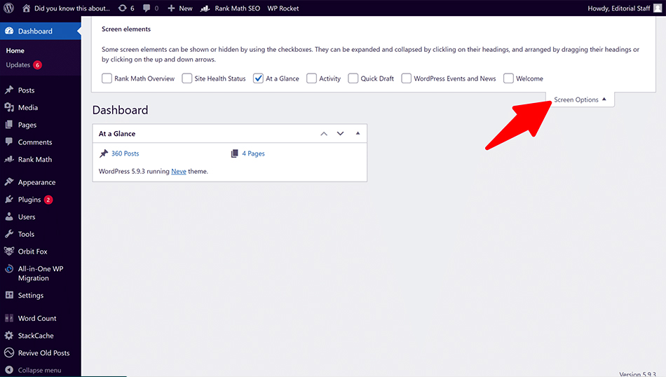 WordPress Dashboard - Screen Option