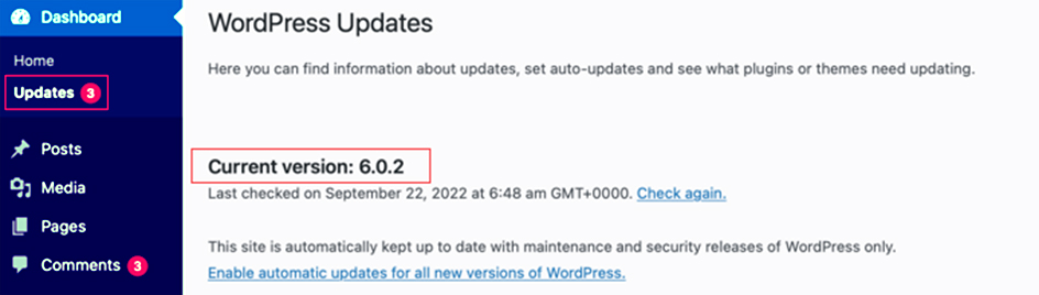 WordPress Dashboard - Updates