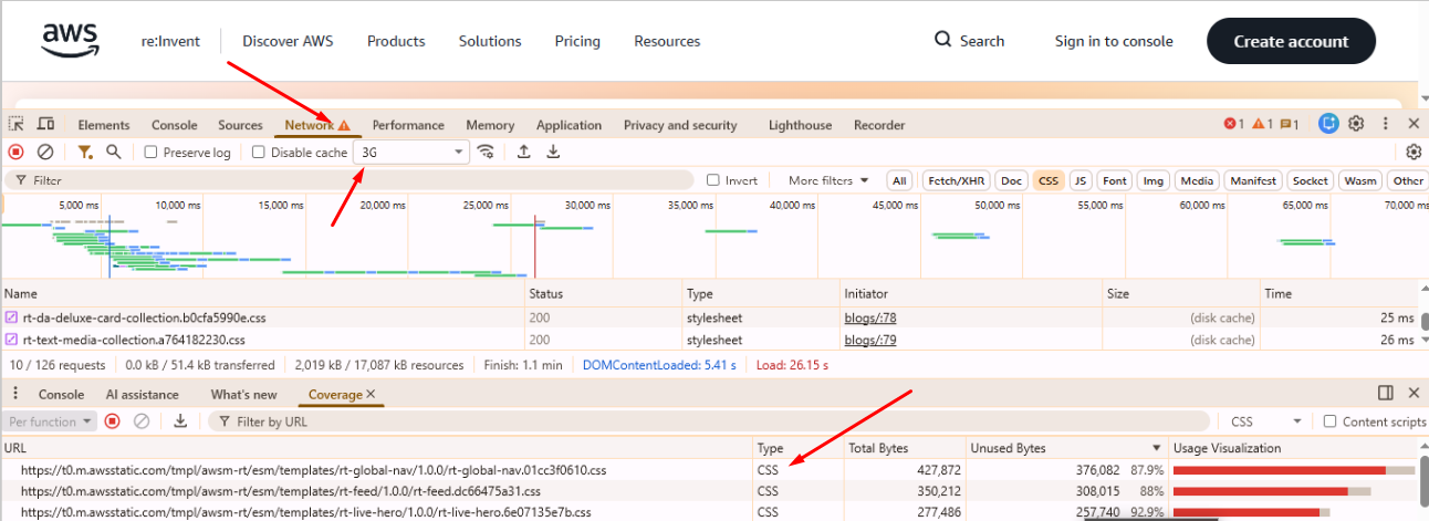 Developer tool Network Throttling for CSS 