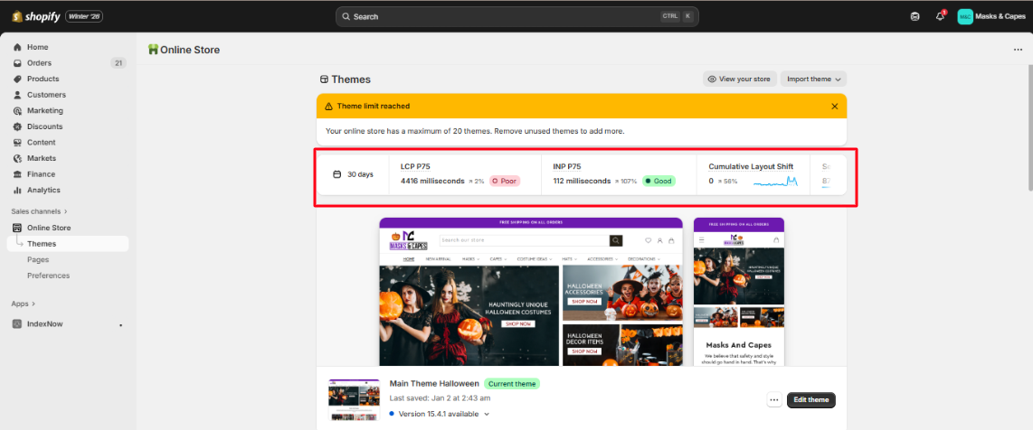 Shopify Dashboard Core Web Vitals