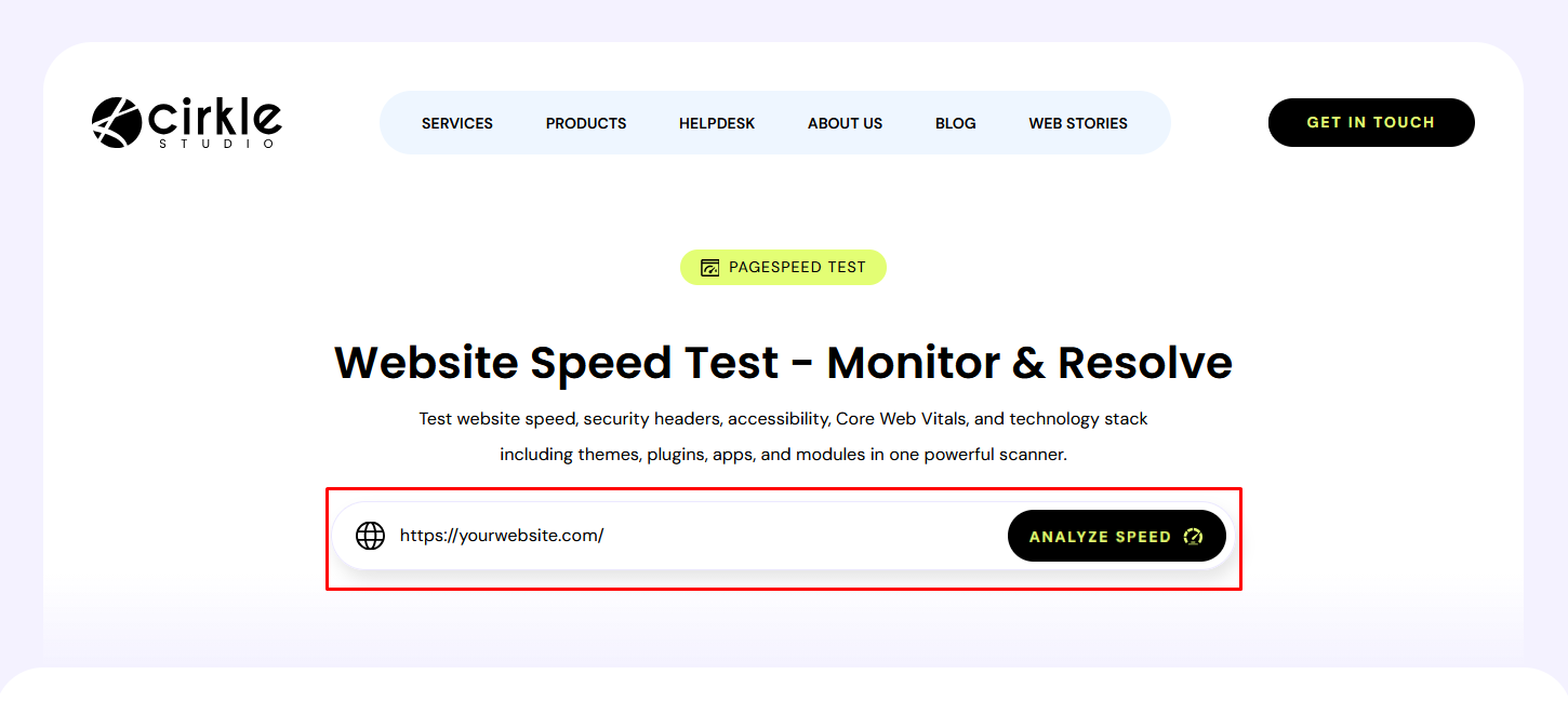enter your website URL and click the analyze speed button to analyze website performance