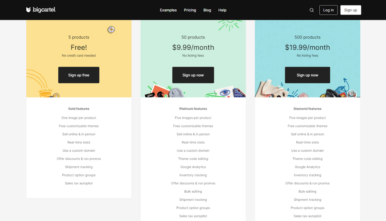 Big Cartel pricing page